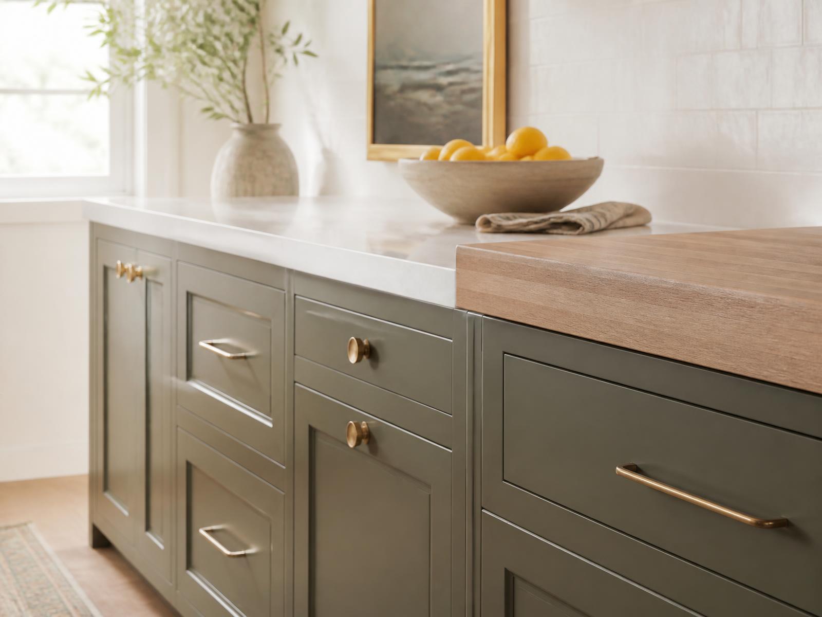 Refreshed kitchen cabinetry with brass hardware in a Tulsa home
