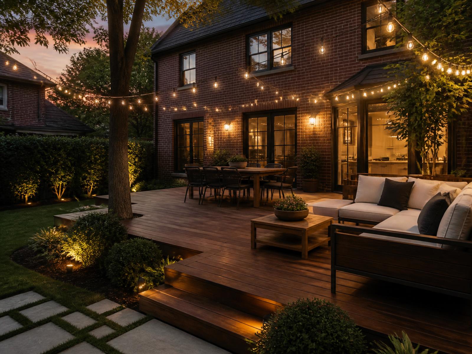 Stained cedar deck with lounge seating at dusk
