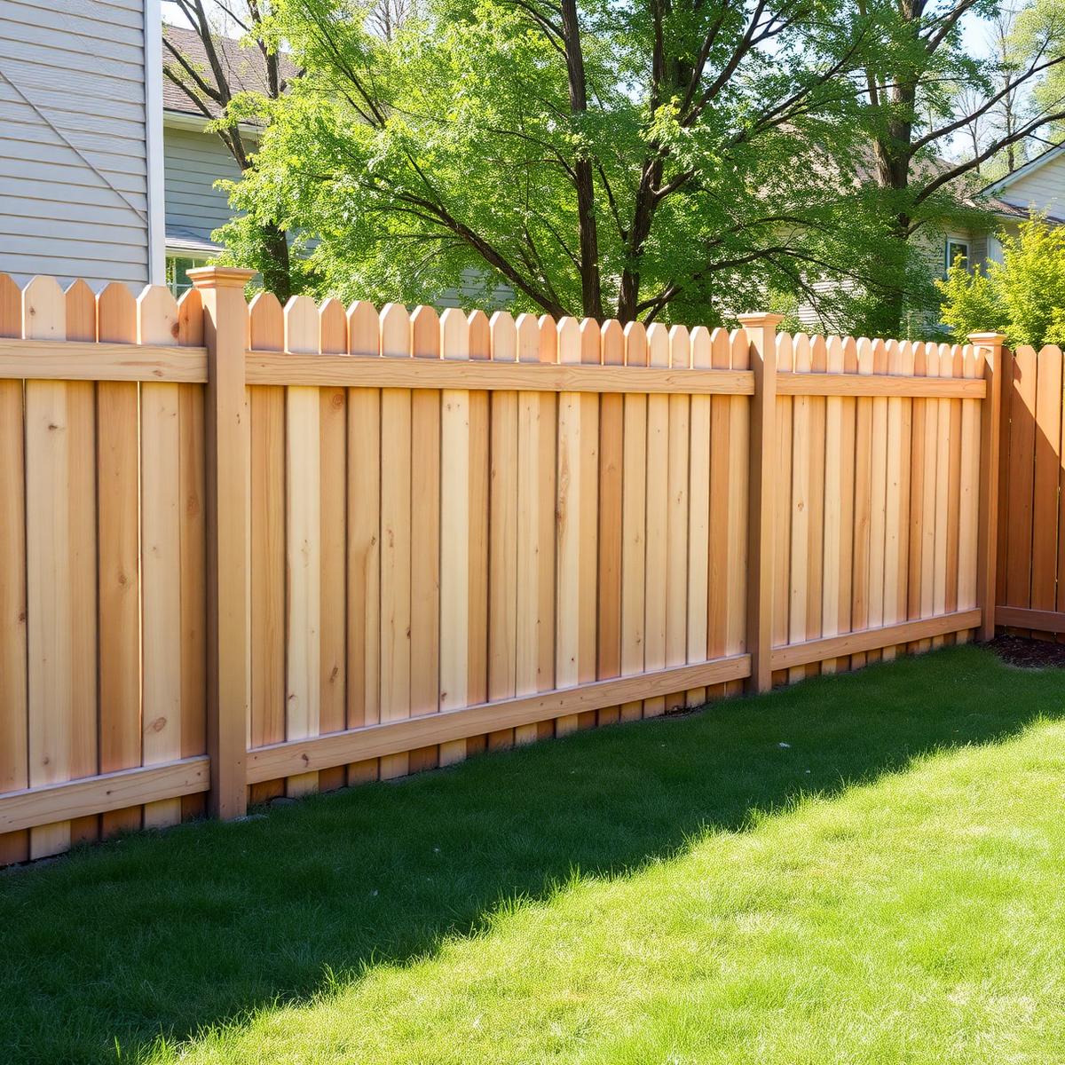 Repaired backyard cedar privacy fence with straight posts and uniform pickets