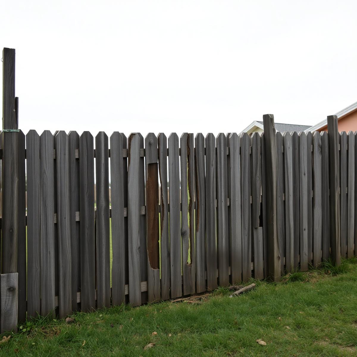 Weathered backyard wood fence with broken and missing pickets before repair