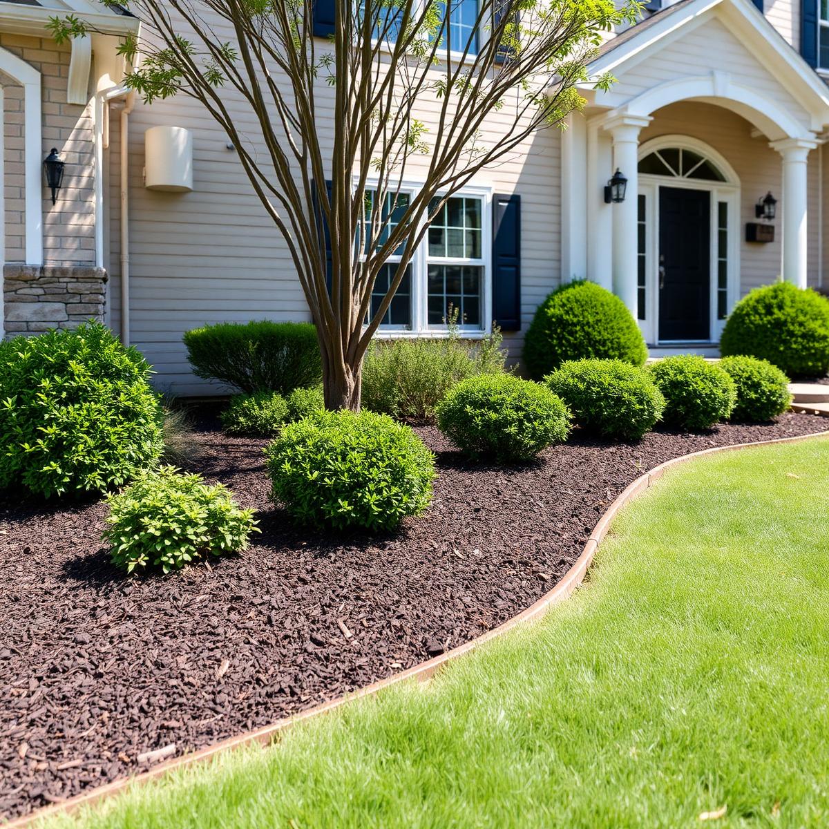 Refreshed front-yard landscape bed with fresh dark mulch and trimmed shrubs