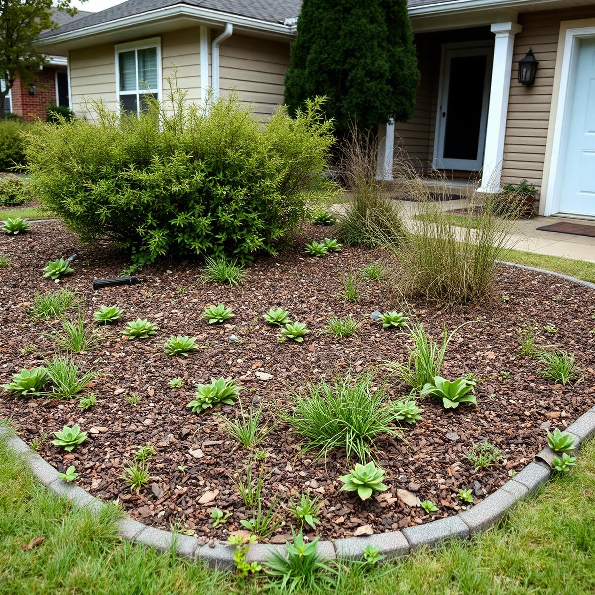 Neglected front-yard landscape bed with faded mulch and weeds before refresh